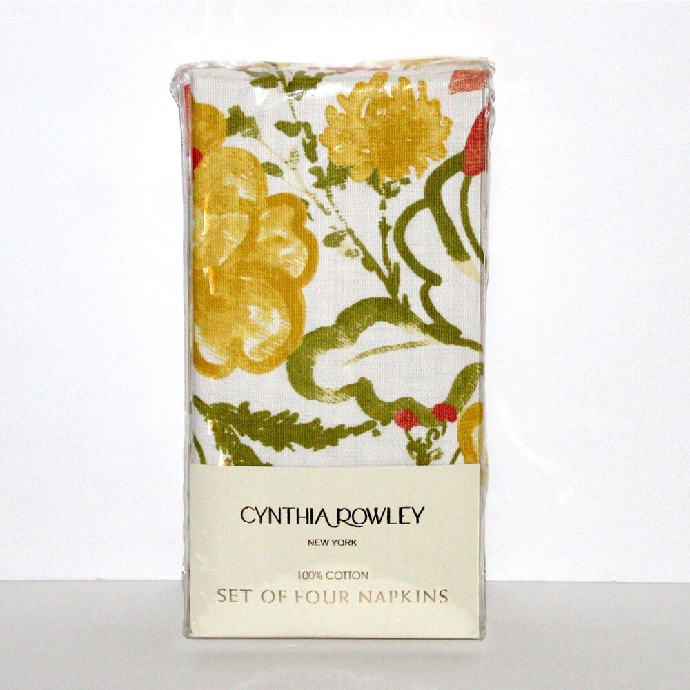Cynthia Rowley Set 4 Napkins cotton White Floral green yellow coral
